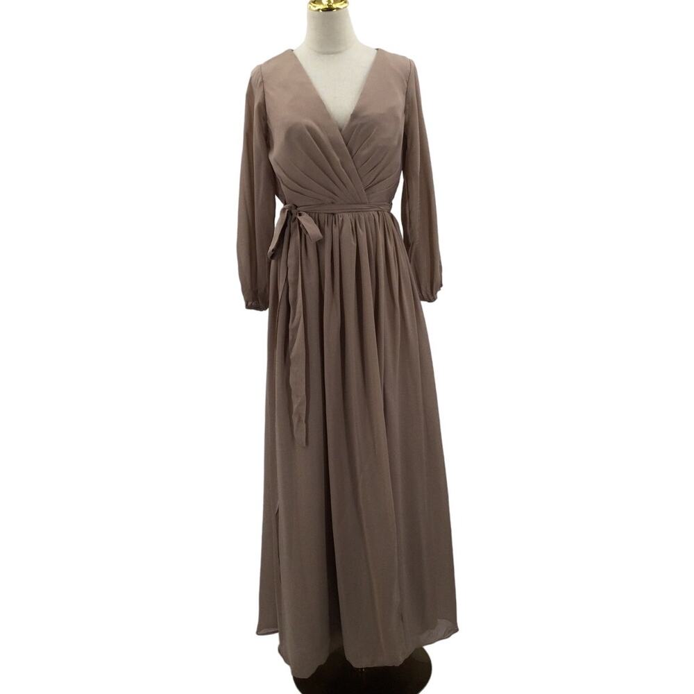 FORMAL SZ 8 M Tan Taupe Brown Faux Wrap Belted Maxi Bridesmaid Dress NEW 0B13